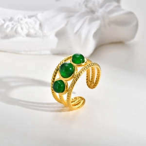 Bague Ouverte Vintage en Acier Inoxydable Corde Torsadée pour Femme Plaqué Or Bohème Triple Couche Strass Vert Bijoux de Doigt Ajustables