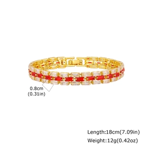 Detailed view of dual-row gold bracelet with red and clear gems showing 0.8cm width