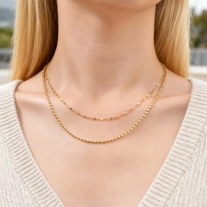 Double Layered Stainless Steel Necklace Gold Plated Olive Bead Chain Minimalist Chic Choker Jewelry For Women Gift Accessory