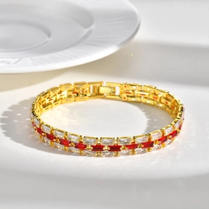 Copper Gold Plated Link Bracelet Red White Rectangular Rhinestone Strap Bracelet For Women Wedding Party Fashion Jewelry