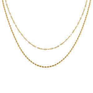 Double-layered gold stainless steel necklace with flat twist and olive bead chains
