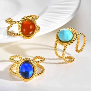 Bohemian Stainless Steel Open Ring For Women Vintage Gold Plated Beaded Band Adjustable Resin Turquoise Amber Finger Ring