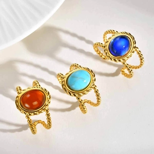 Exaggerated geometric double layer open ring with colorful faux stones in gold finish