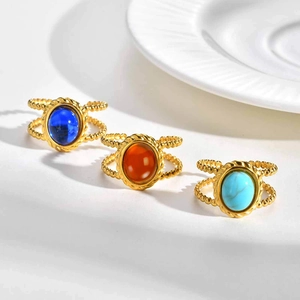 Bohemian double layer gold bead rings with oval turquoise, blue, and orange stones