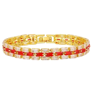 Luxurious gold-plated brass bracelet with red and white zircon stones in a triple-row design