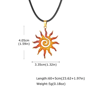 Detailed view of sun pendant with dimensions 4.05x3.35cm on black cord necklace
