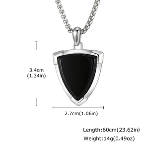 Detail shot of stainless steel shield pendant with black onyx inlay and dimensions