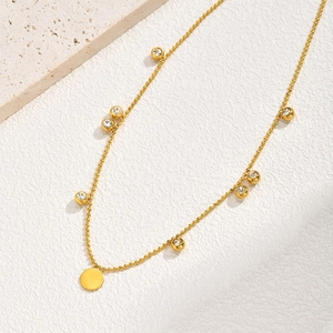 Luxurious stainless steel beaded necklace with zircon discs and gold finish for women