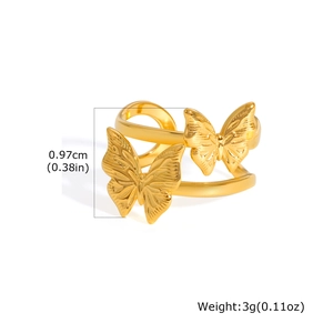 Detailed close-up of golden butterfly open ring with dimensions and weight specs
