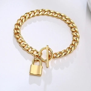 Titanium Steel Gold Curb Chain Bracelet For Women With Lock Pendant Toggle Clasp Fashion Commuter Minimalist Metal Jewelry