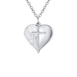Collier cœur et croix en acier inoxydable pour homme et femme avec aile d'ange sculptée