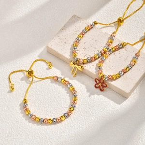 Fashion Tri-Color Copper Beaded Bracelet For Women Adjustable Slider Chain Bracelet With Bowtie Red Flower Charms