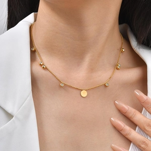 Minimalist Stainless Steel Bead Chain Necklace For Women Gold Plated Round Pendant Rhinestone Inlaid Fashion Jewelry