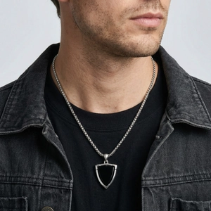 Men's hip hop shield pendant necklace with black enamel in stainless steel chain