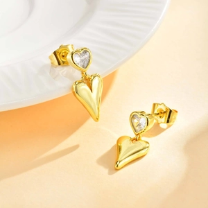Elegant Copper Double Heart Dangle Earrings With Zirconia Gold Plated Heart Pendant Drop Earrings For Women Jewelry Gift