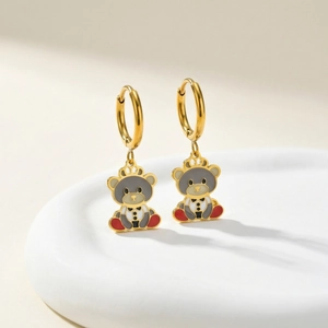 Golden stainless steel crown bear drop earrings with colorful enamel and polka dot details