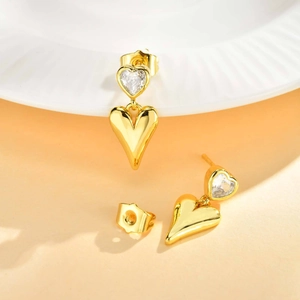 Elegant gold double heart drop earrings with clear zircon stone settings for women