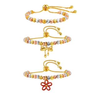 Three-color adjustable beaded bracelet set with bow and flower pendants in polished metal