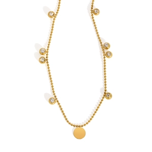 Golden stainless steel bead chain necklace with zircon pendants and round solid tag