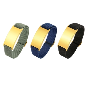 Three-piece set of adjustable elastic braided bracelets with polished gold metal plates