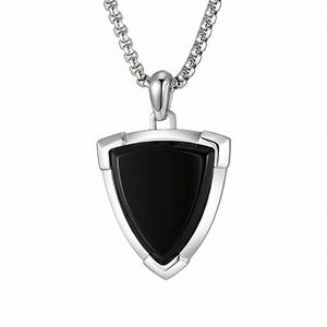 Men's stainless steel shield necklace with black onyx inlay on a silver box chain