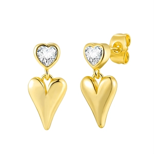 Elegant gold heart earrings with sparkling cubic zirconia on a clean white background