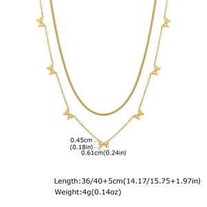 Vue détaillée du collier doré à double couche avec nœuds et indications de dimensions