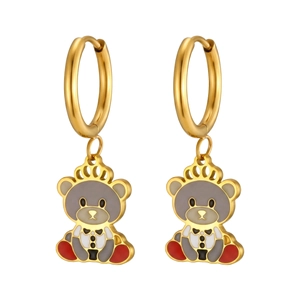 Golden hoop earrings with luxury bear pendant in black suit and crown, white background