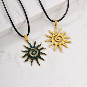 Luxury stainless steel sun pendant necklace with hammered texture and spiral design in gold and green