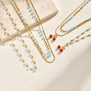 Stainless Steel Cherry Pendant Necklace For Women Sweet Light Blue Beaded Double Layer Gold Plated Aesthetic Minimalist Jewelry Gift