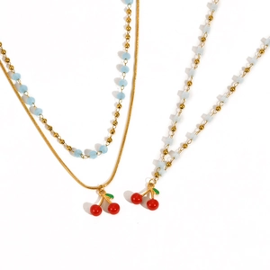 Sweet cherry pendant necklace set with gold snake chain and light blue beads