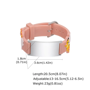 Detailed view of pink silicone kids ID bracelet with silver engravable metal plate and giraffe