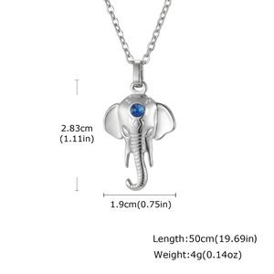 Detail view of silver elephant pendant with blue gemstone and specific size measurements