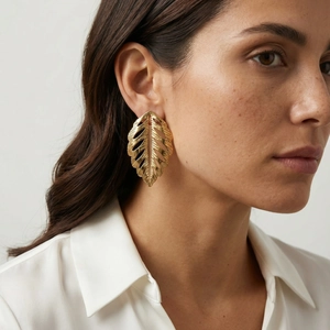 Exaggerated golden leaf hollow earrings made of stainless steel on model view