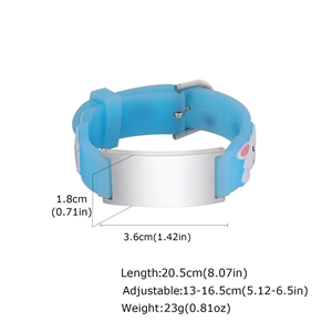 Detailed size specifications for a light blue silicone kids bracelet with a steel plate