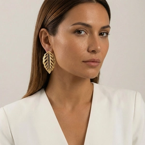 Macro shot of large hollow gold leaf earrings showcasing vintage texture and metallic luster