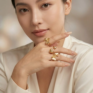 Three-piece gold butterfly and heart open rings set in minimalist stainless steel