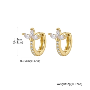 Detailed size view of gold copper clover hoop earrings with marquise zircon stones
