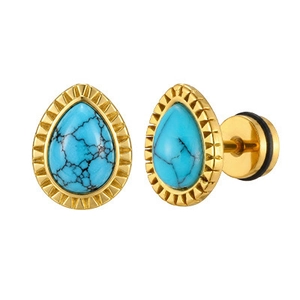 Paire de puces d'oreilles en acier doré avec turquoise goutte et bord dentelé