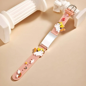 Detailed view of pink silicone kids bracelet with cartoon cats and silver engravable plate