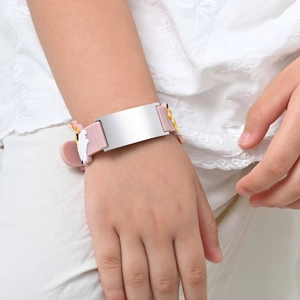 Pink silicone kids ID bracelet with adjustable stainless steel plate and cartoon charms