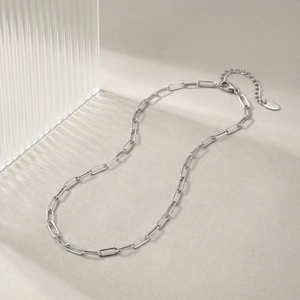 Detailed view of stainless steel paperclip chain with lobster clasp and K18 tag