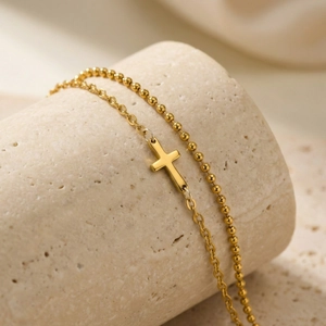 Bracciale a doppio strato in acciaio inossidabile dorato con croce e catena a sfere