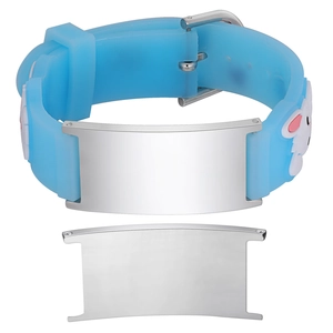 Detail view of blue silicone kids bracelet with steel plate and rabbit character