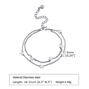 Detailed view of dual-layer stainless steel star bracelet with dimension and weight labels