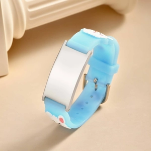Light blue silicone kids bracelet with stainless steel plate and rabbit pattern