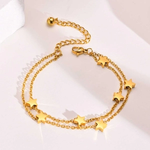 Golden double-layer stainless steel star bracelet with adjustable lobster clasp and charms