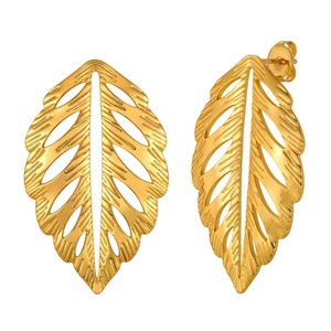 Golden stainless steel leaf earrings with hollow vein details and butterfly back closure