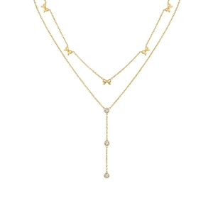 Collier double rang plaqué or 18 carats avec nœud élégant et pendentif en zircon