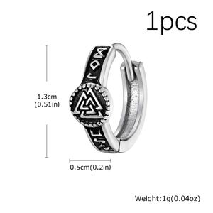 Detail view of viking hoop earring with valknut symbol and rune patterns for men
